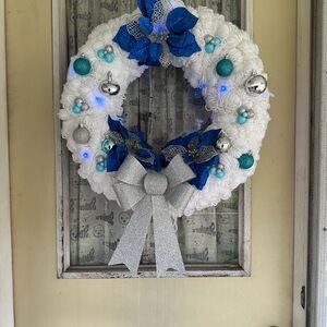 Festive White and Blue Holiday Wreath